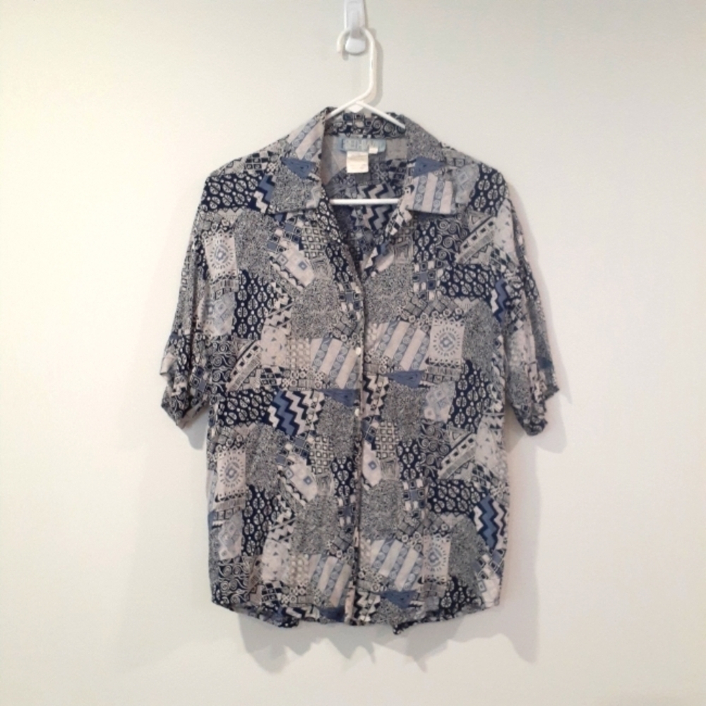 Retro 80's Resort Wear Rayon Button Front Lightweight Geometric Print Shirt